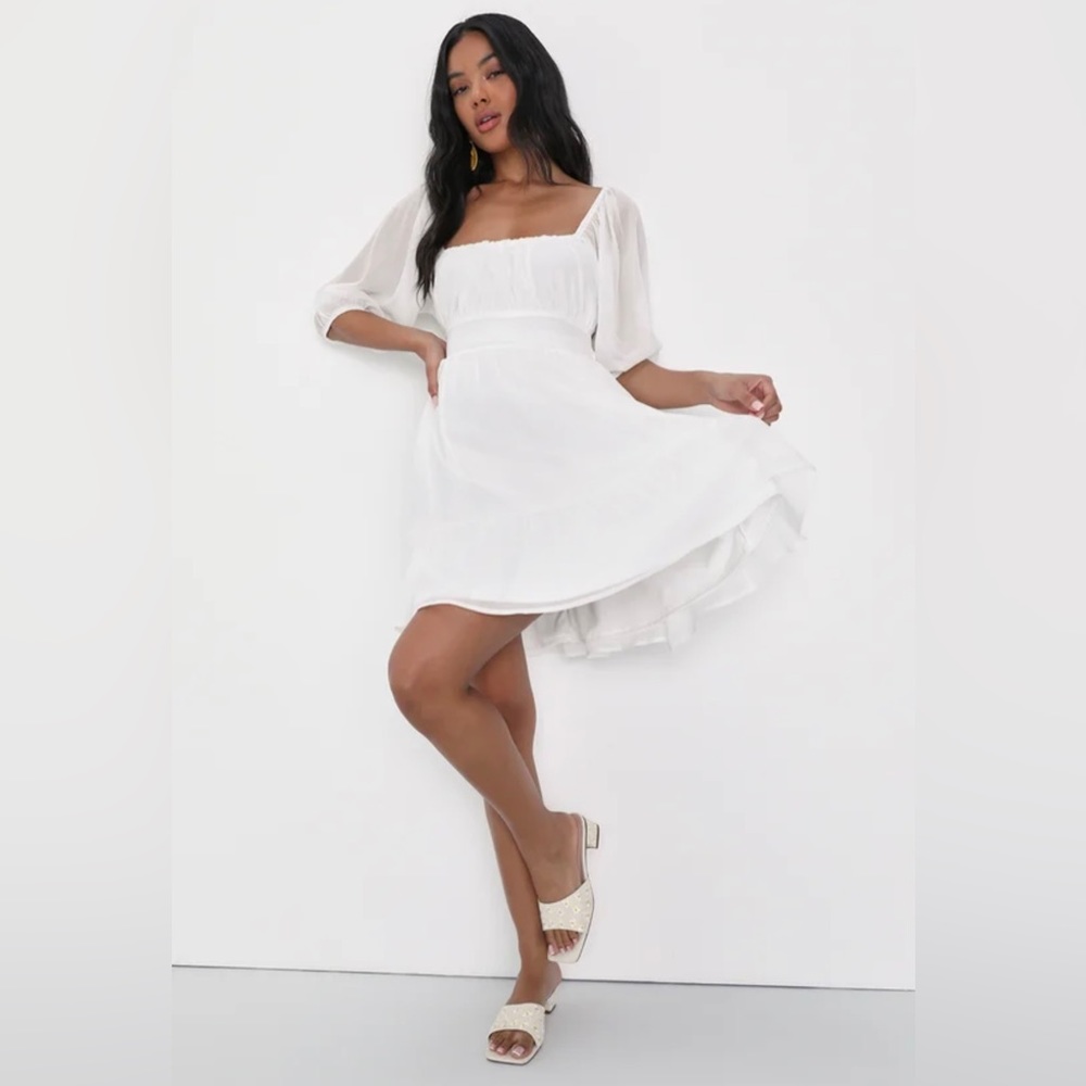 Ethereal Arrival White Puff Sleeve Tie-Back Chiffon Mini Dress